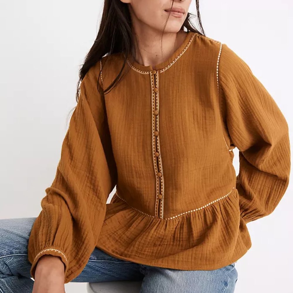 Madewell Embroidered-Trim Lightspun Covered-Button Top